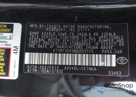 2011 Toyota Camry Le из США, поврежденный, VIN 4T1BF3EK4BU203175